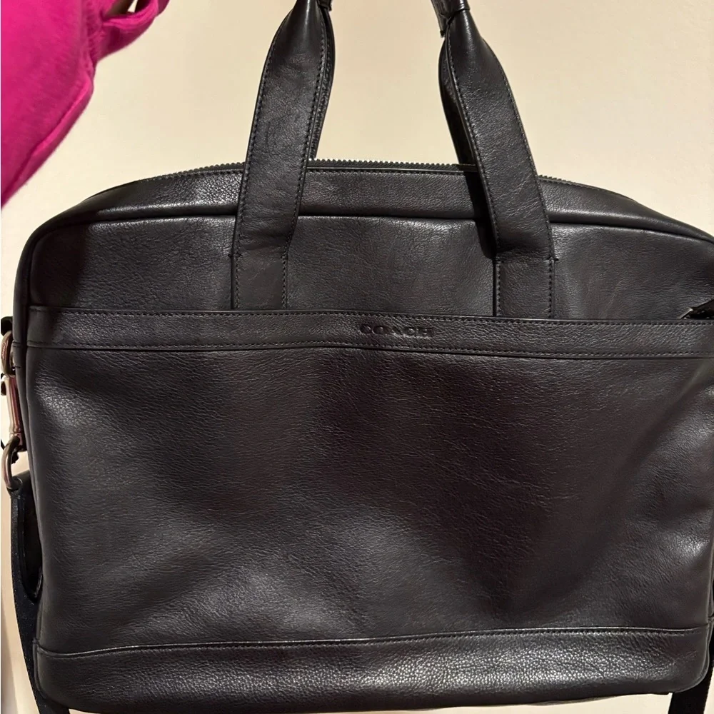 Coach Hamilton Black Pebbled Leather Laptop Briefcase with Top Handles and Strap